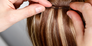 Mega Hair e Outono. Foto mecha de cabelo loira sendo anexada ao cabelo natural