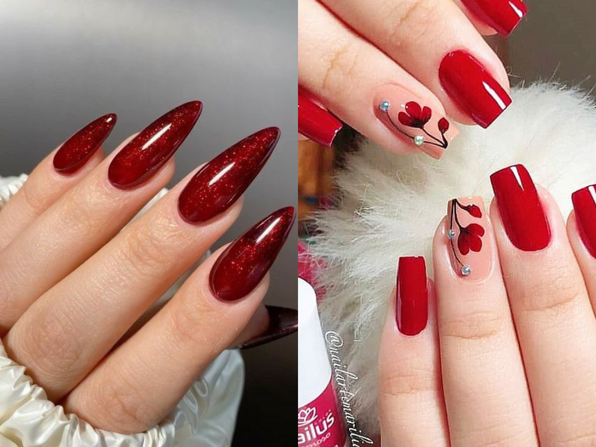 Unhas decoradas com vermelho