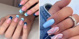 unhas em gel azul-claro