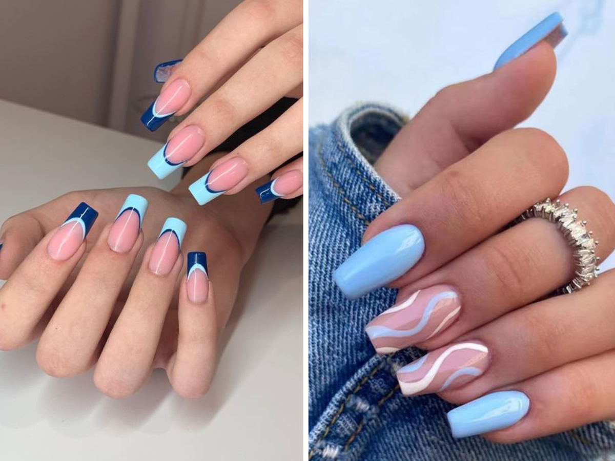 unhas em gel azul-claro