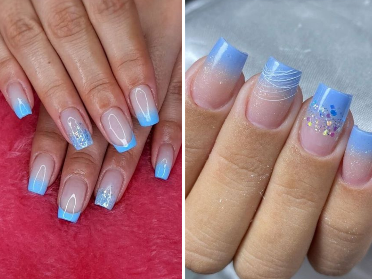 unhas em gel azul-claro