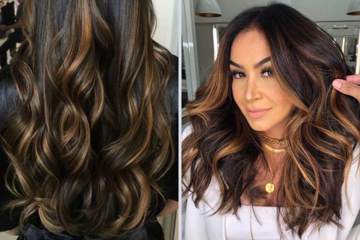 tons de luzes cabelo preto - caramelo