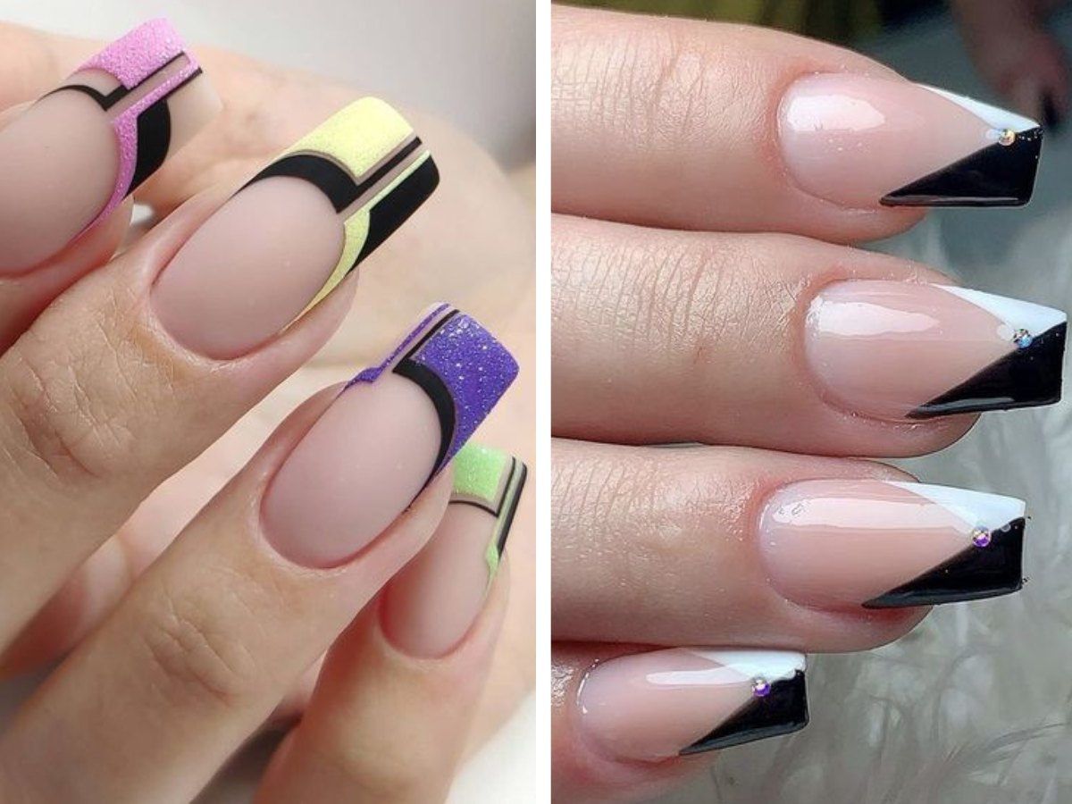 unhas francesinhas com designs geométricos