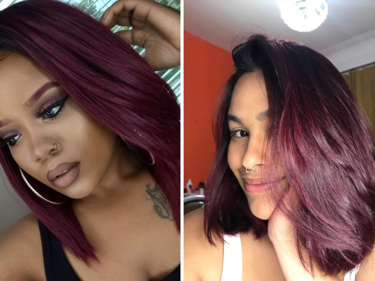 Cabelo Marsala. Foto traz duas mulheres. Uma mulher de cor morena e outra branca, ambas com cor de cabelo marsala.