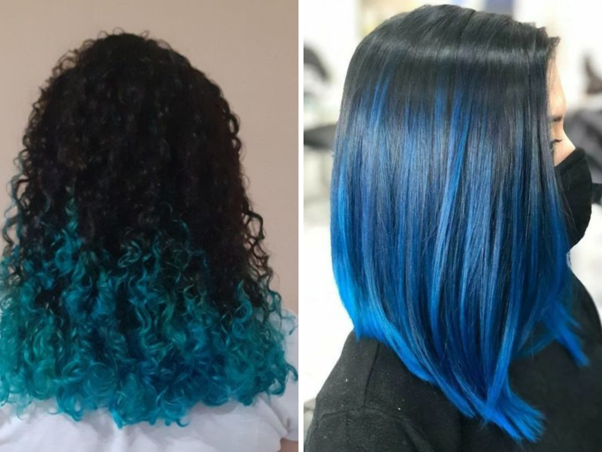 cabelo azul nas pontas. Imagem traz duas fotos de mulheres, sendo uma com cabelo comprido e cacheado. As fotas trazem a cor azul neon. Ao lado outra mulher de cabelo liso, com corte chanel de bico e com pontas dos cabelos na cor azul neon