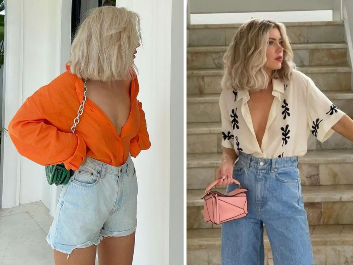 Moda verão 2024. Foto mostra duas mulheres loiras, uma blusa laranja e calção jeans de cor clara e uma com calça jeans e blusa branca com estampa floral preta. 