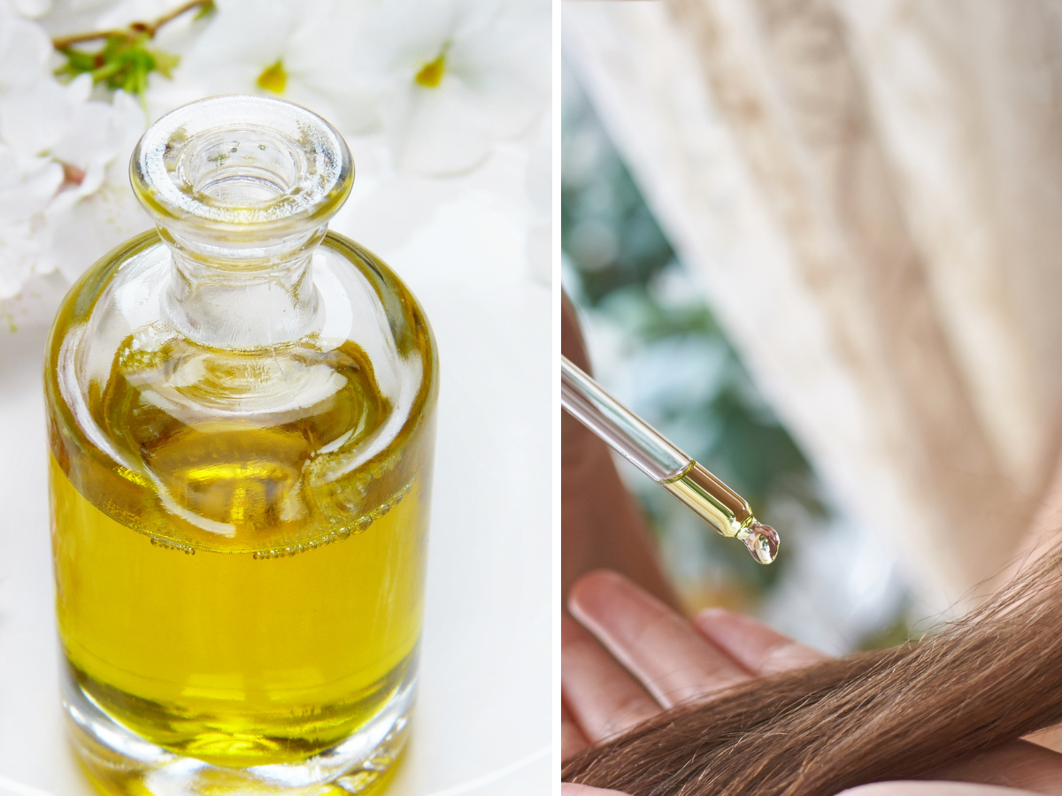 Óleos para cabelo. Foto traz um frasco com óleo amarelo e um conta gotas sendo colocada sobre o cabelo.