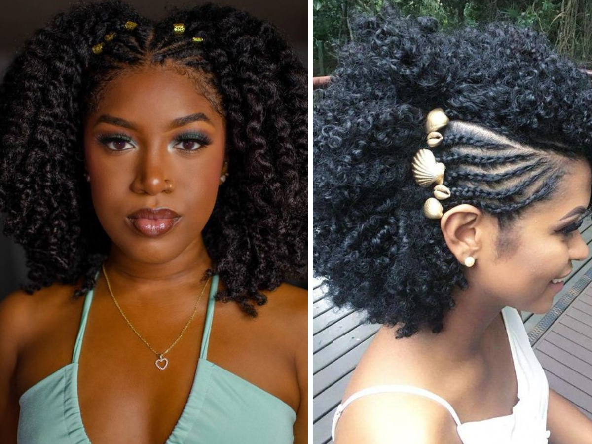 Penteados para cabelo afro. Foto mostra cabelos semi presos cacheados com acessórios em formato de liguinha e conchas. 