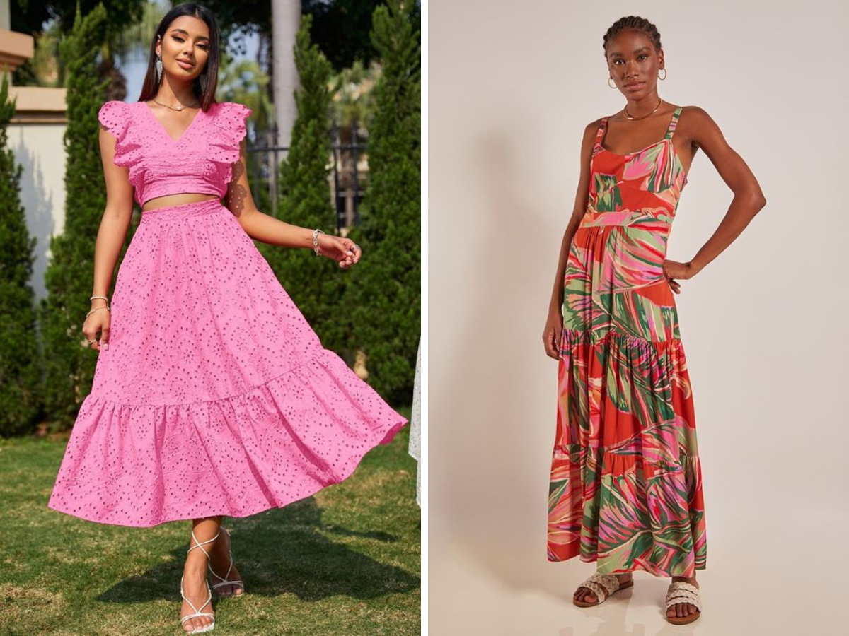 Primavera-verão looks. Saia Rodada com Blusa e Babados rosas / Vestido longo com estampas florais