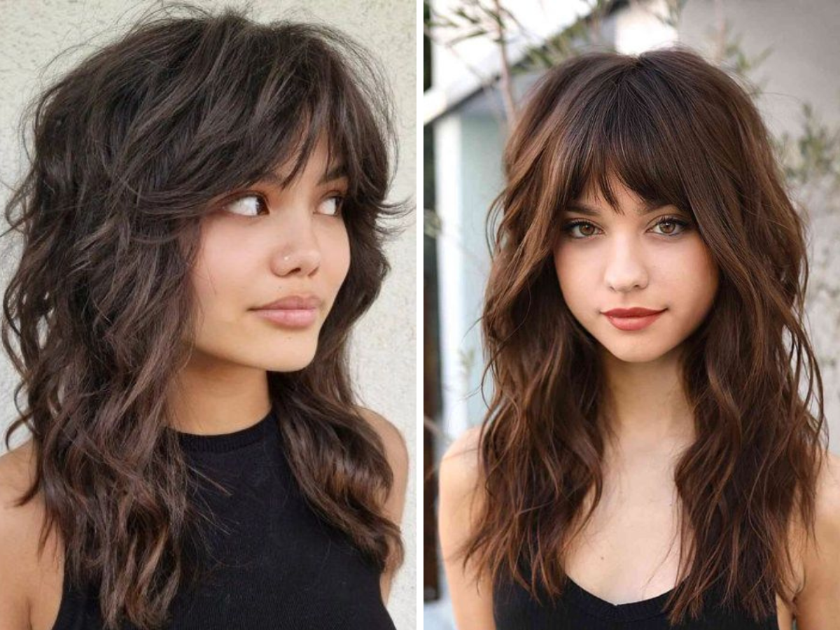 Shaggy Hair. Foto mostra duas mulheres brancas com o corte shaggy hair. Seus cabelos são pretos.