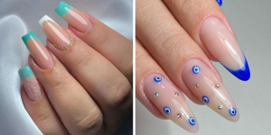 Unhas de vidro de 2024. Foto mostra duas mãos com unhas em alongamento de vidro decoradas com tons de azul