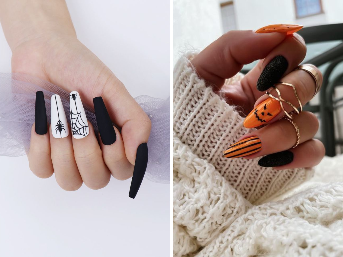 Unhas decoradas com símbolos do Halloween. 