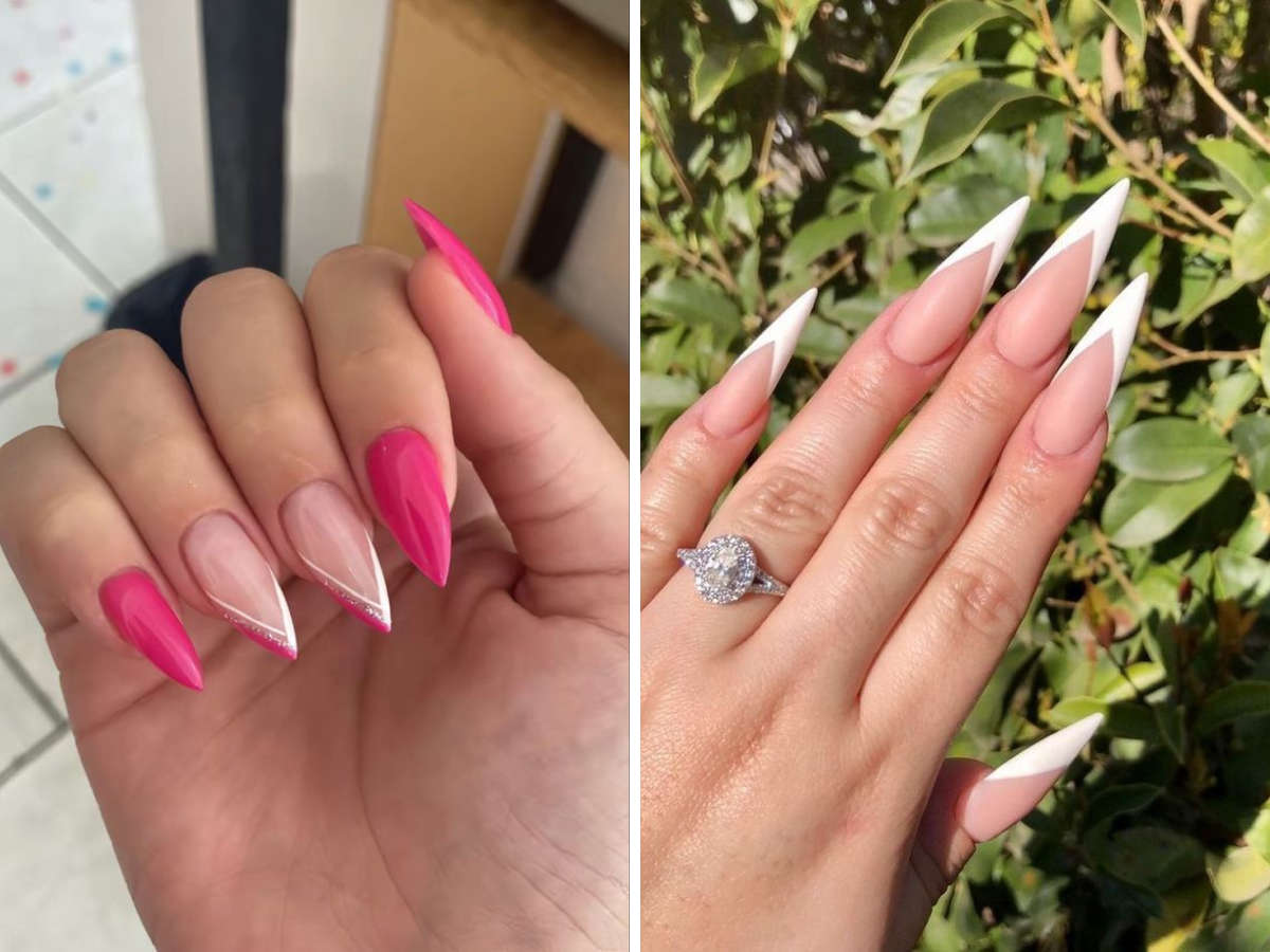 Unha francesinha triangular. Foto mostra duas mãos com unhas diferentes. Uma é clássica com a ponta em triângulo branco. Outra traz uma unha rosa com francesinha no mesmo formato