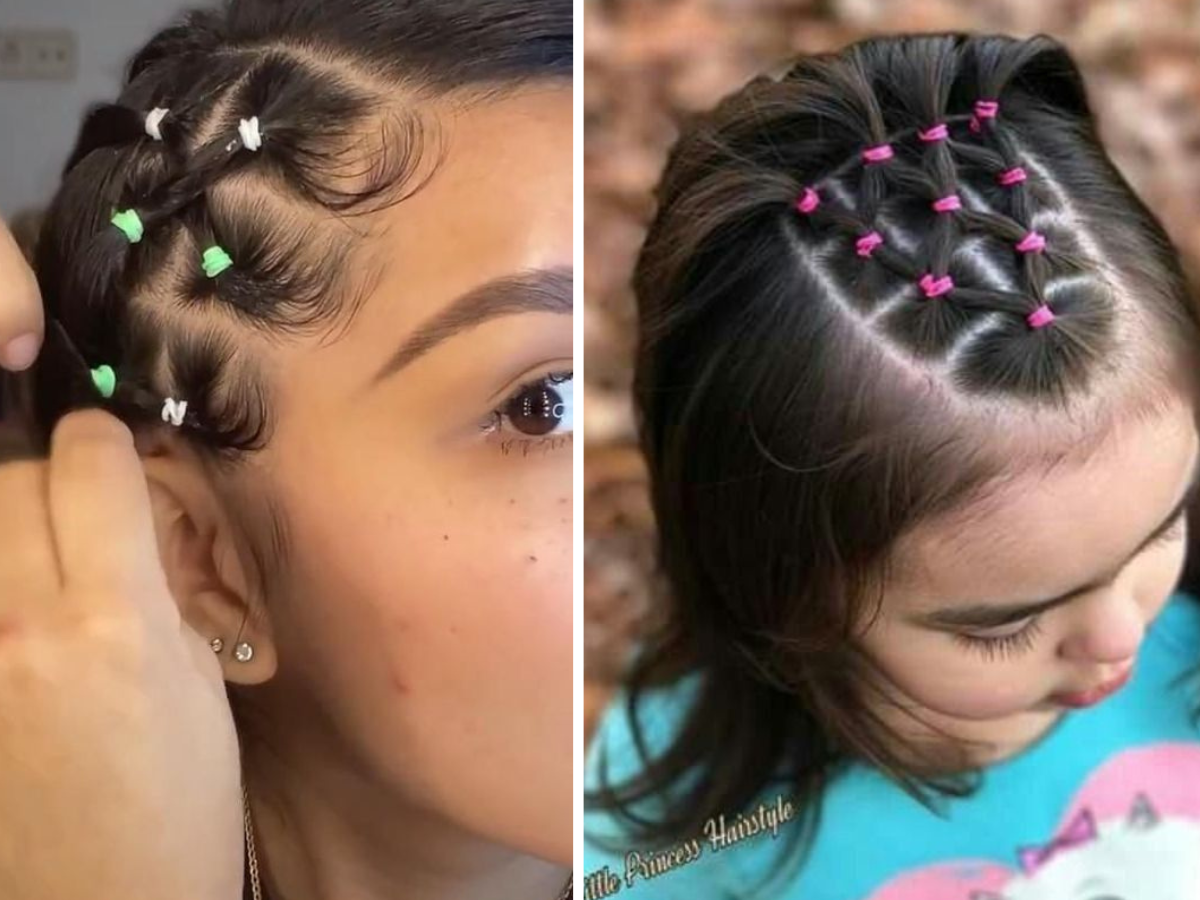 Penteados com liguinha. Foto mostra duas mulheres jovens com elásticos coloridos na cabeça.