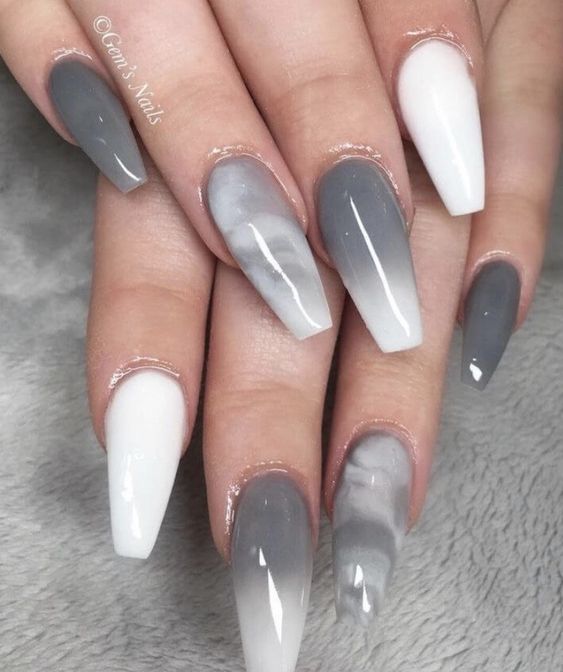 unhas decoradas bailarinas com cinza e branco