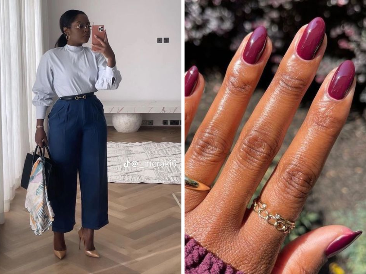 Calça de Alfaiataria com Unhas marsala (Pinterest) - Combinações entre looks e unhas decoradas