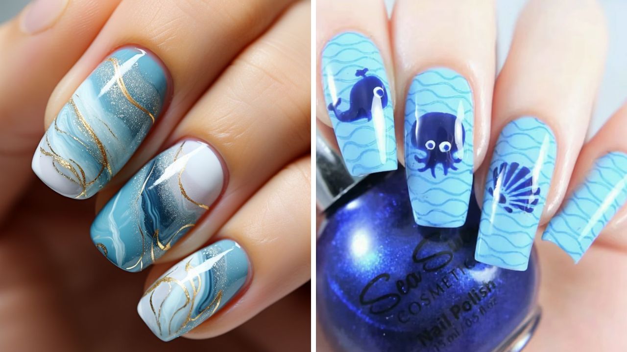 unhas com decorações marinhas